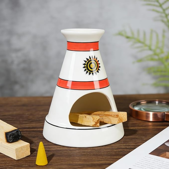 MOUGIGI Handcrafted Sun Totem Ceramic palo santo sticks holder with - Tent-Shape Mini chiminea for Sage, Incense Cones & Smudging Rituals -Thoughtful Gifts for Yoga, Meditation, Ash, Zen, Aromatherapy