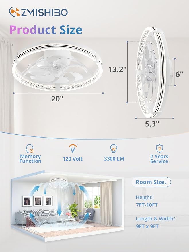 ZMISHIBO Low Profile Ceiling Fans with Lights, Flush Mount Modern Ceiling Fan and Remote Control, 20" LED Ceiling Fans, Stepless Dimmable 3 Colors and 6 Speeds (White RGB, 20")