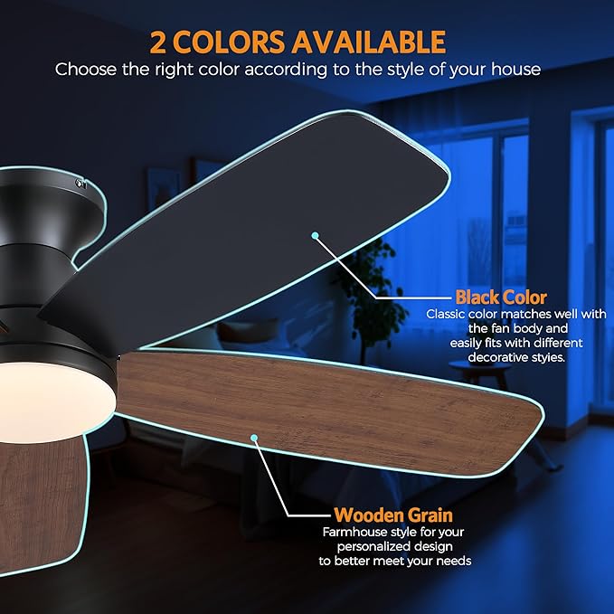 JSAITEE 48" Ceiling Fans with Lights Low Profile - Flush Mount Ceiling Fan with Light and Remote, 6 Wind Speeds Reversible, Quiet, 3CCT Dimmable, Fan Light for Modern Indoor, Bedroom, Kitchen, Brown