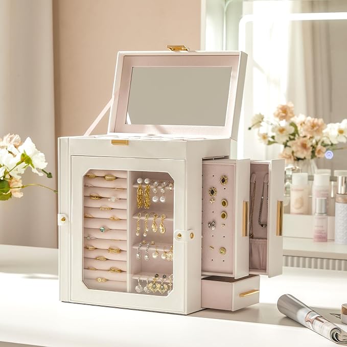 HOOBRO Jewelry Box with Mirror, Travel Jewelry Organizer with Glass Window, Jewelry Storage Case, Vertical Storage, Gift for Loved Ones, for Earrings, Rings, Necklaces, Bracelets, White WT03JB04G2