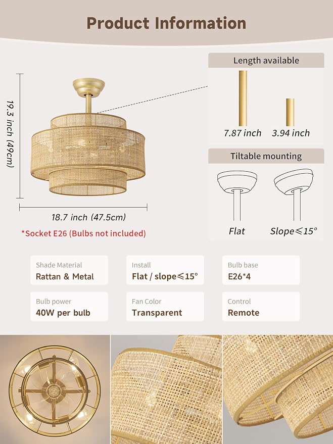 Boho Fandelier Ceiling Fan with Light Rattan Chandelier Fan Remote Gold Caged Ceiling Fan with Light for Bedroom, Living Room Nursery Foyer Kitchen（6 Speed, Timing Adjustable Height）