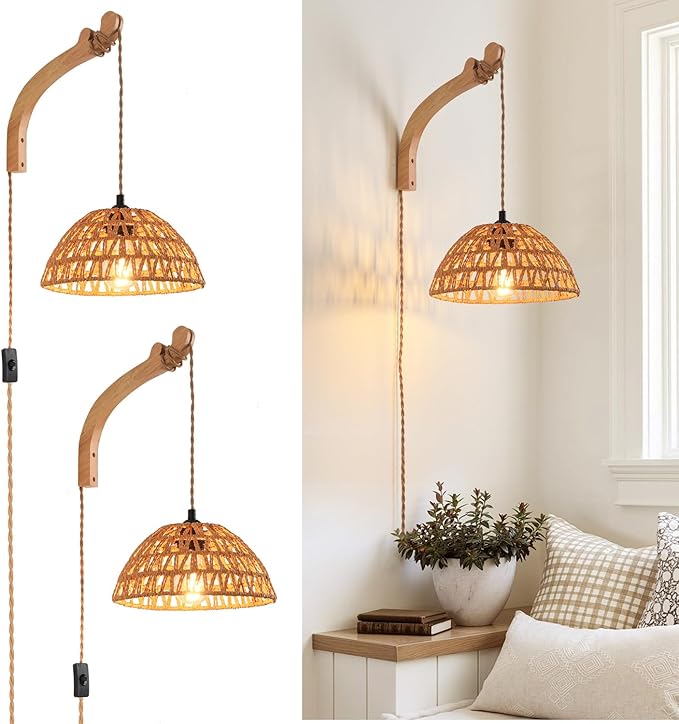 Plug in Wall Sconce,Farmhouse Wicker Wall Lamp Plug in,Hand Woven Rattan Wall Light Farmhouse Rustic Boho Sconces Wall Lighting for Living Room Bedroom