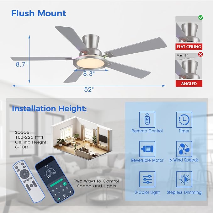 Ayaoty Ceiling Fans with Lights - 52in Flush Mount Ceiling Fan with RGB Dimmable, 3CCT 6 Wind Speeds and Reversible Quiet Motor, Low Profile RGB Fan Light for Modern Indoor, Party - Nickel