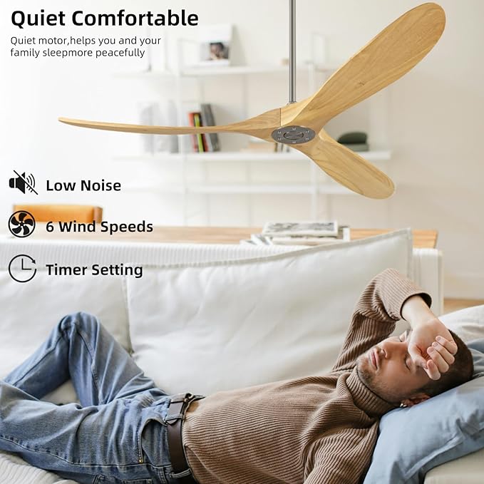 72 Inch Outdoor Ceiling Fan Without Light, Wooden Ceiling Fan with Remote Control, Silent Reversible DC Motor, Modern 3 Blades, Suitable for Indoor Terrace, Living Room, Bedroom