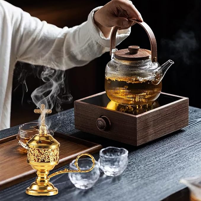 Gold Incense Burner with Tong – 2 PCS Set for Frankincense Charcoal Incense Stand Aromatherapy, Yoga, Spa, Home Decor, and Church Use – Compact & Durable Bakhoor Holder