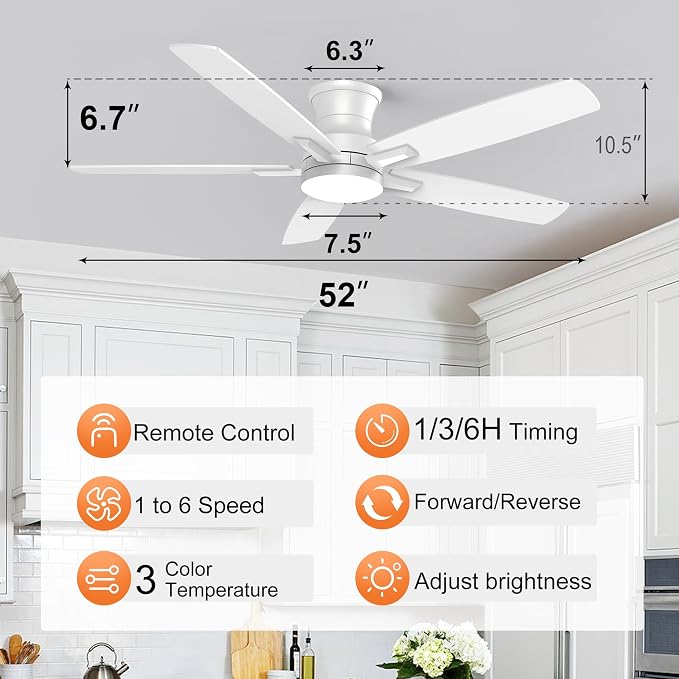 YUHAO 52 Inch Flush Mount White Ceiling Fan with Light and Remote Control.Noiseless,Dimmable,3CCT,6 Speeds Reversible, Low Profile DC Ceiling Fans for Indoor or Covered Outdoor Use,ETL Listed
