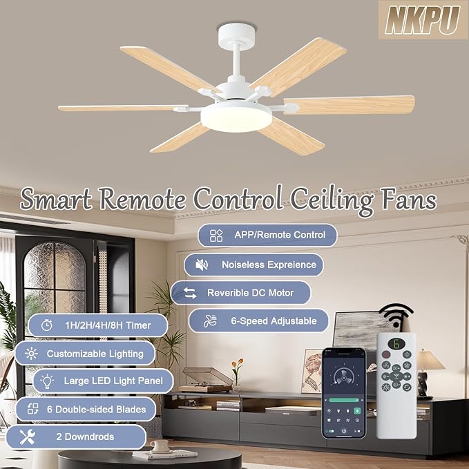 NKPU 56 Inch Ceiling Fans with Lights, Modern White Ceiling Fan with Light and Remote Control, 6 Double Sided Blades, 6 Speed Reversible Motor, Dimmable LED, Silent Timing, Indoor Outdoor Patio Use