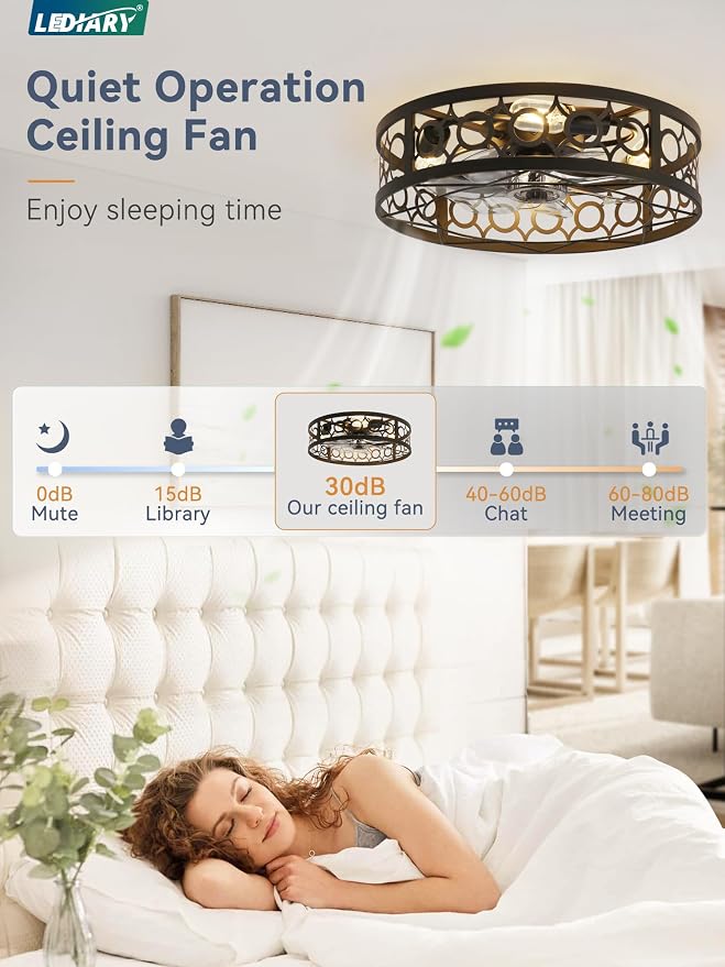 LEDIARY Caged Ceiling Fans with Lights and Remote, 20in Small Low Profile Ceiling Fan with Light, 6 Speed Farmhouse Flush Mount Ceiling Fan for Bedroom, Kitchen, Living Room-Black