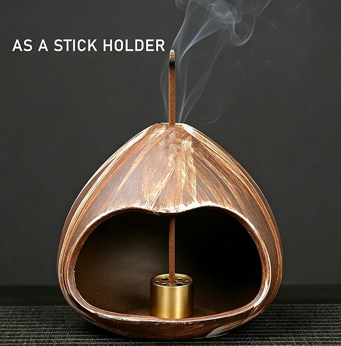 Ceramic Incense Holder, Mini Palo Santo Burner Chimney for Palo Santo Sticks, Cone Incense and Sage Smudging, Handmade Cone Incense Holder Burner for Yoga, Meditation, and Energy Cleansing (Brown 01)