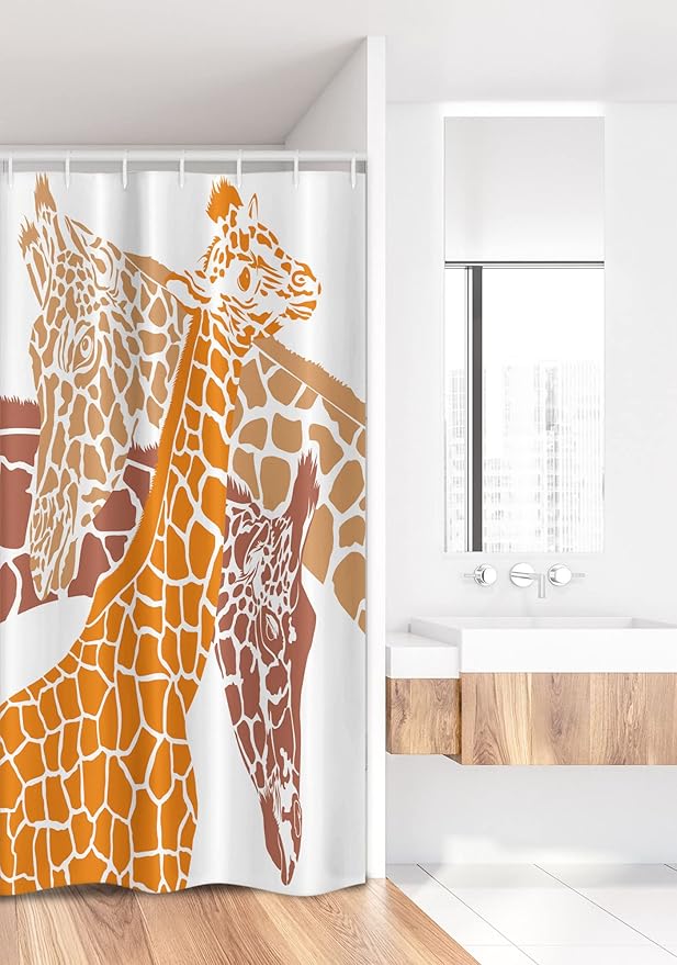 Ambesonne Giraffe Stall Shower Curtain, Sketch of a Family Savannah Wildlife in Tall Animal Zoo Camouflage, Fabric Bathroom Decor Set with Hooks, 36" W x 72" L, Orange White and Brown