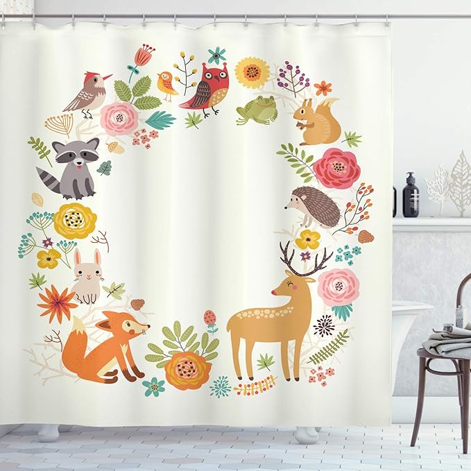 Ambesonne Forest Shower Curtain, European Forest Fauna and Flora with Deer Fox Raccoon and Roses Cartoon Wildlife, Cloth Fabric Bathroom Decor Set with Hooks, 69" W x 84" L, Ecru Mustard