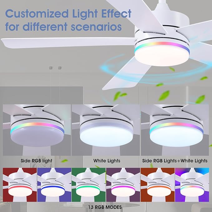 SHIHOT 46" White Modern RGB Ceiling Fans with Lights for Bedroom Kids room | 14 RGB Modes ,Supports Both Remote and APP,6 Wind Speeds, Reversible, Dimmable 3CCT LED Light, 35W Quiet DC Motor,2H Timer