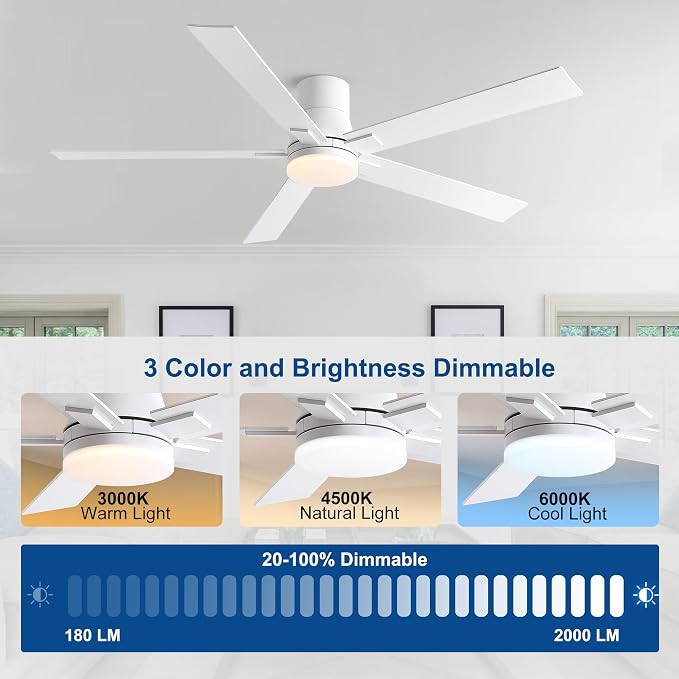 Rayqueen 60 Inch Flush Mount White Ceiling Fans with Lights and Remote | 6 Speed Reversible DC motor,3-color temperature dimmable LED.For indoor/covered outdoor.Modern style for bedroom room
