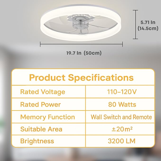 FSZDORJ 20'' Ceiling Fan with Light and Remote, Low Profile Ceiling Fan with Light, Dimmable Flush Mount Ceiling Fan Light, 6 Speeds Fan, App&Remote Control, Fandelier Quiet Fan for Bedroom F116 White