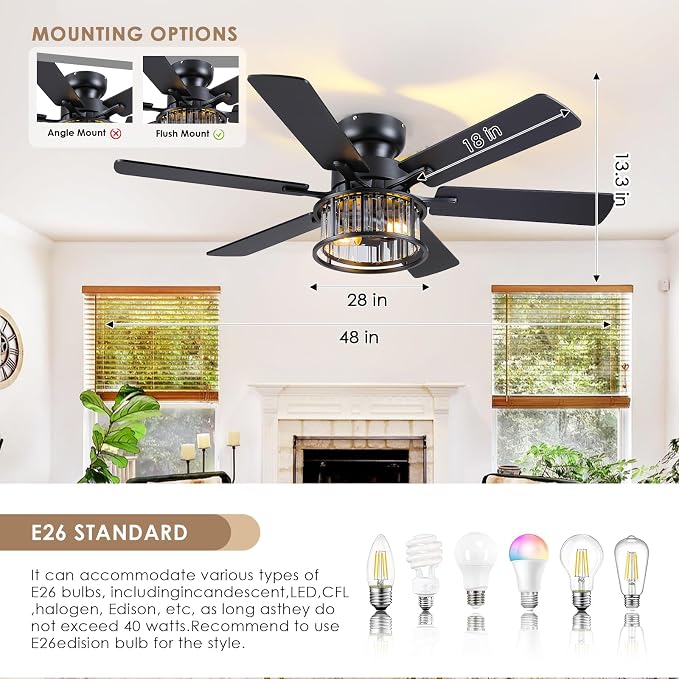 Hounberi 48" Flush Mount Ceiling Fan with Light and Remote, Black Industrial Caged Ceiling Fan with Dual-Finish 6 Blades, Reversible DC Motor, Farmhouse Crystal Ceiling Fan for Bedroom, Living Room