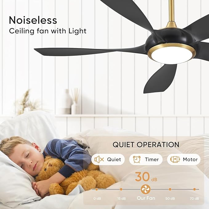 54'' Ceiling Fans with Lights, Indoor/Outdoor Modern Ceiling Fan with Remote, ABS Plastic Blades, Reversible DC Motor, 6 Speeds, 3 Color Lights, ETL Listed, for Bedroom Living Room (Black)