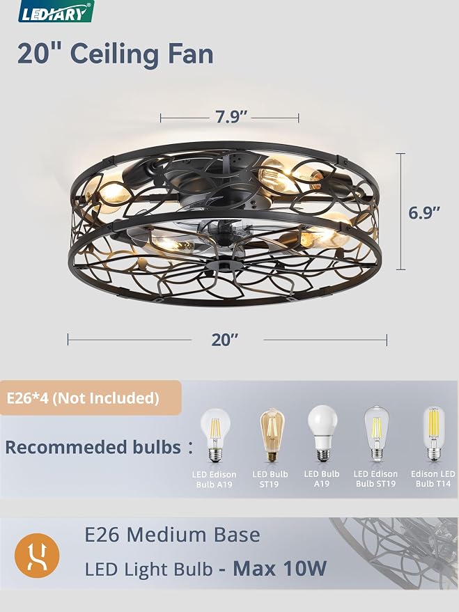 LEDIARY 20 Inch Caged Ceiling Fans with Lights, Black Flush Mount Ceiling Fan with Remote, Low Profile Bladeless Ceiling Fan Light Fixture for Bedroom, Kitchen, Dining Room