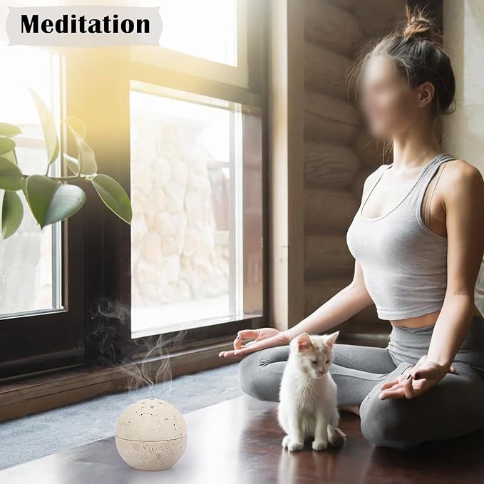 ELLDOO Natural Travertine Incense Cone Holder, Home Decor Handmade Ball Shape Incense Burner for Yoga Meditation SPA Reading, Beige