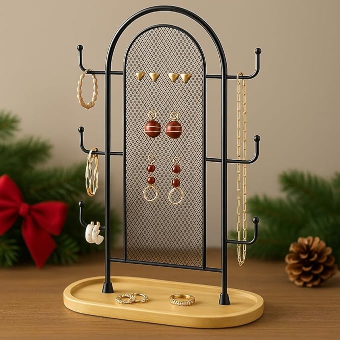 bussdis Jewelry Holder Organizer Earring Display - Earring Storage Tree Stands Towers With 6 Hooks 300 Studs Wood Tray Black Metal Rack