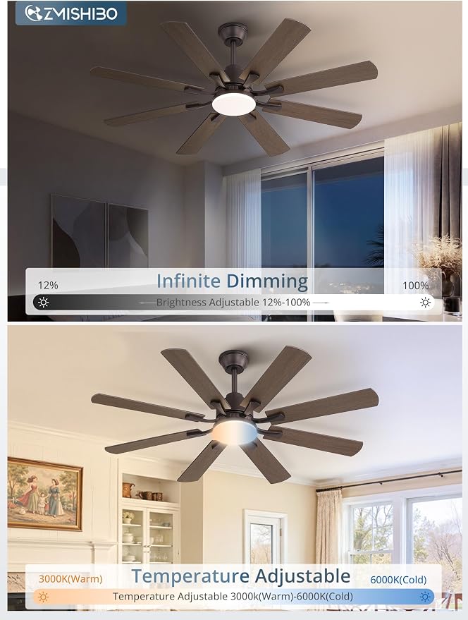 ZMISHIBO 52 inch Ceiling Fan with Light and Remote, 8 Blades Ceiling Fans with 20W LED Light, Quiet DC Motor, 6 Speeds, Stepless CCT & Dimmable, for Bedroom Living Room, Oil Bronze