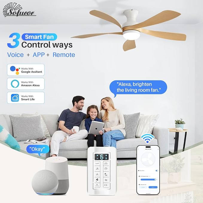 Sofucor Smart 52'' Low Profile Ceiling Fan with Lights and Remote, Flush Mount Ceiling Fan Work with APP/Alexa/Google for Modern Bedroom Living Room Patio, Dimmable LED Quiet Reversible DC Motor