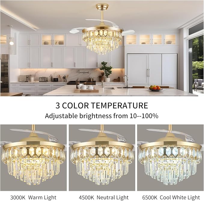 FIDGRA 42 Inch Fandelier Ceiling Fan with Light, Retractable Ceiling Fan with Lights Chandelier Fan for Bedroom, Living Room, 3 Color Temperature, 6 Wind Speed-Gold