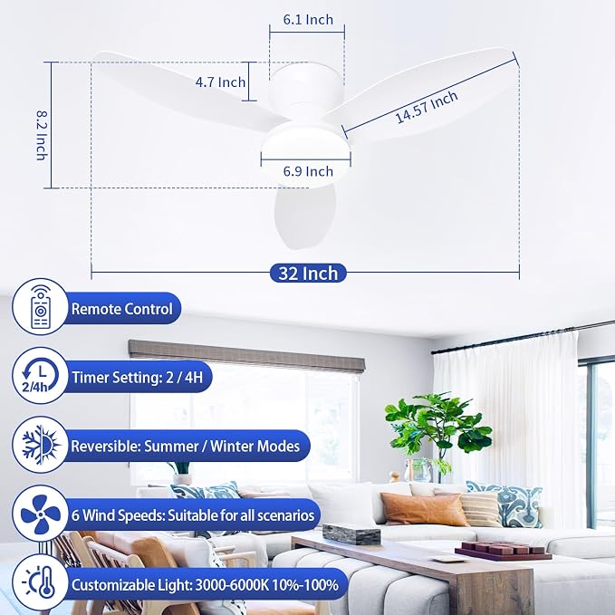 Small Ceiling Fan with Lights, 32 Inch Flush Mount with Remote Control, Reversible Quiet DC Motor, White, 3 Blades, 6 Speeds, Dimmable LED, Adjustable Color Temperature, Timer