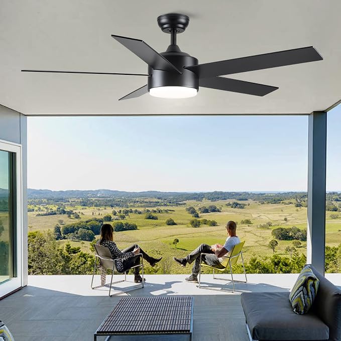 POCHFAN 52 inch Black Ceiling Fans with Lights and Remote Control, Noiseless Modern Ceiling Fan for Bedroom, Living Room, Dining Room, Dimmable 3CCT 6-Speed ETL Listed