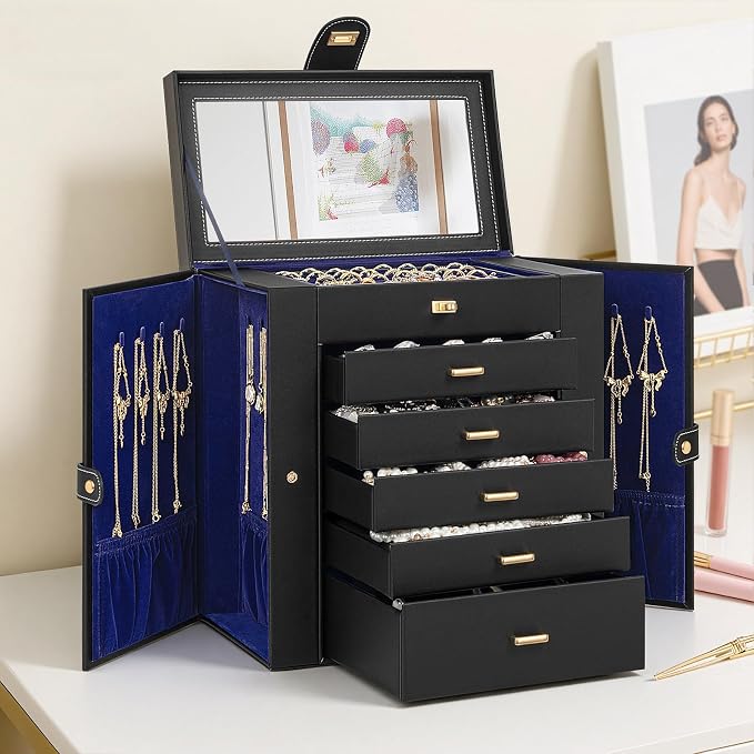 AKOZLIN 6-Tier Jewelry Box Organizer Functional 5 Drawers Leather Jewelry Storage Case for Women Girls Ring Necklace Earring Bracelet Holder Organizer with Mirror Extra Large BlackBlue