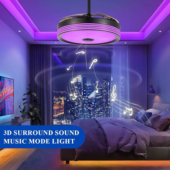 42 inch Modern Retractable Ceiling Fan with Lights and Remote Control, 6Speed Dimmable Fandelier, Smart Ceiling Fan Light with Bluetooth Speaker, RGB Color Reversible Bedroom Living Room Black