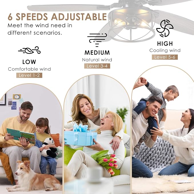 Hounberi 52 Inch Farmhouse Ceiling Fan with Light and Remote Control | 5 Dual Finish Blades, 6 Speeds, Quiet, Reversible DC Motor, Black Industrial Caged Ceiling Fan for Bedroom, Living Room