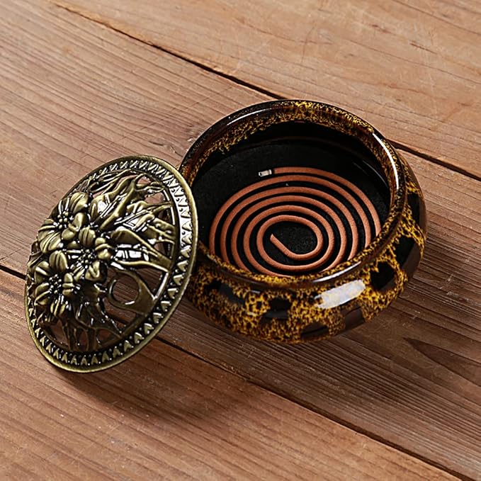 Incense Burner with Calabash Incense Stick Holder - Porcelain Charcoal Censer for Use with Resin Granular Powder Cone or Coil Incense (Fambe Yellow)