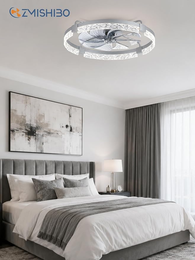 ZMISHIBO 24 Inch Flush Mount Ceiling Fan with Light, Bladeless Low Profile Enclosed Fan for Bedroom Kids Room, 6 Speeds Reversible DC Motor, 3CCT Dimmable Smart App Control