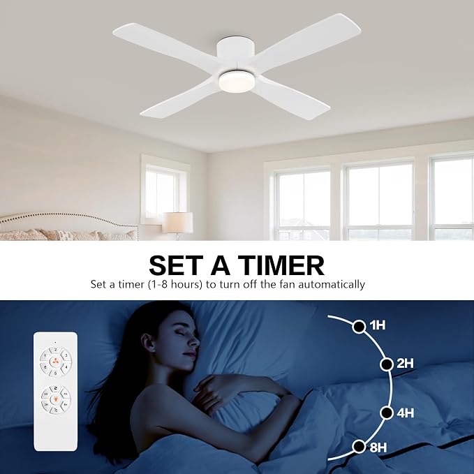 WINGBO 48 Inch Flush Mount DC Ceiling Fan with Lights and Remote, 4 Reversible Carved Wood Blades, 6-Speed Noiseless DC Motor, Hugger Ceiling Fan in White Finish, Low Profile Ceiling Fans, ETL Listed