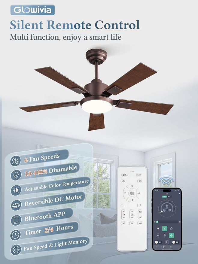 42 Inch Ceiling Fans with Lights and Remote&APP Control, Bronze Smart Ceiling Fan with 3000-6000K Dimmable, 6 Speeds Quiet Reversible Motor, Indoor/Outdoor Ceiling Fan for Bedroom Living Room