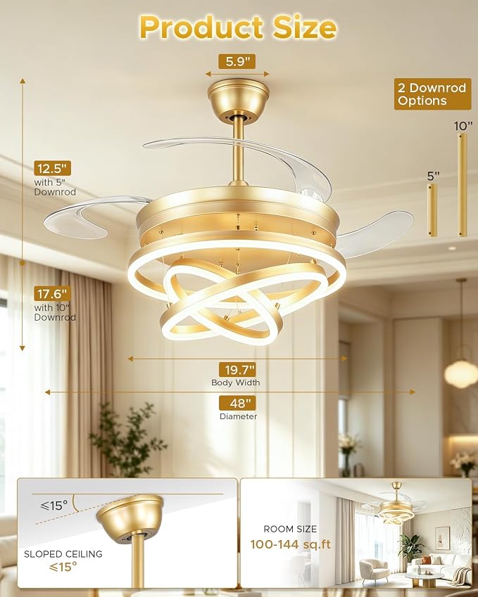 48 Inch Retractable Ceiling Fan with Lights, Gold Fandelier Chandelier Fan with Remote, 6-Speed Silent DC Motor, 3000K-6500K Dimmable LED Light, Modern Ceiling Fan for Bedroom Living Room Dining Room