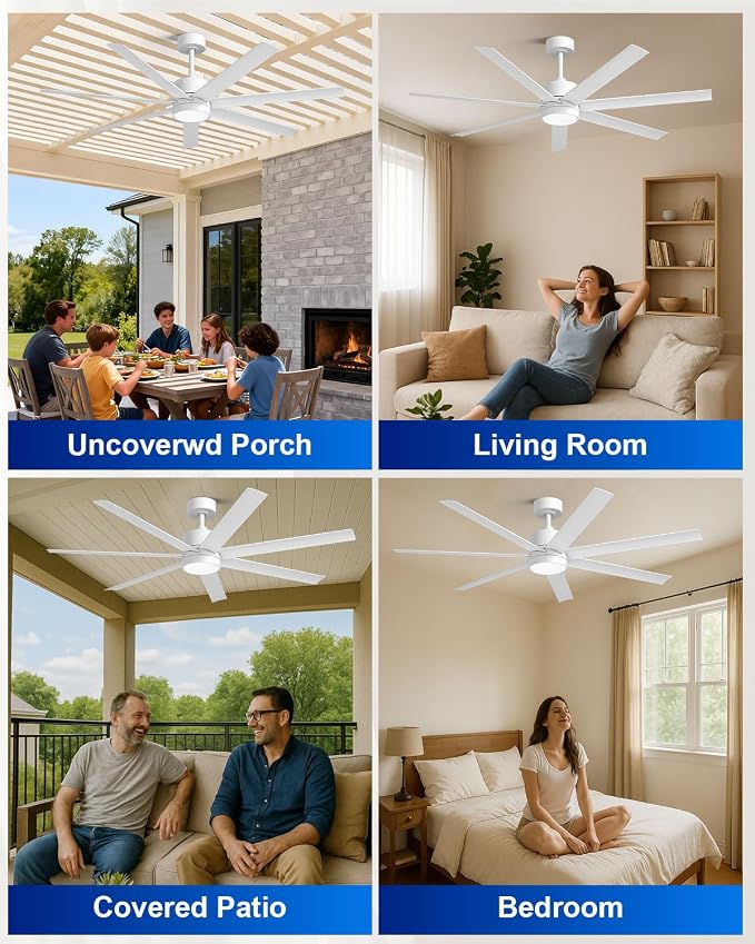 56 Inch Wet Rated Outdoor Ceiling Fan with Light for Patio, All Weather Waterproof, 7 UV-Proof White Blades with Remote, 7793 CFM High Airflow, ETL Listed Quiet DC Motor, for Exterior Porch, Gazebo