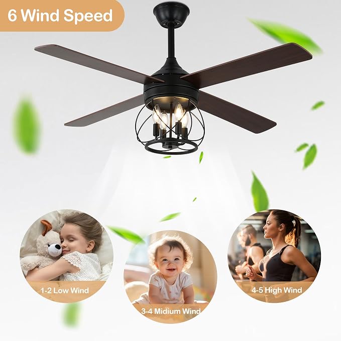 52" Farmhouse Ceiling Fan with Lights and Remote, Rustic Ceiling Fan Black Caged Fandelier 4-Lights Industrial Chandelier for Bedroom Living Room, Reversible Quiet DC Motor 6 Speeds