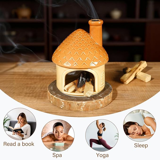 Mougigi Mini Ceramic Palo Santo Burner - Yellow House Chiminea Incense Holder with Stable Base, Ideal for Smudging Sage, Burning Incense Cones - Perfect for Meditation, Yoga, Altars, Home Decor