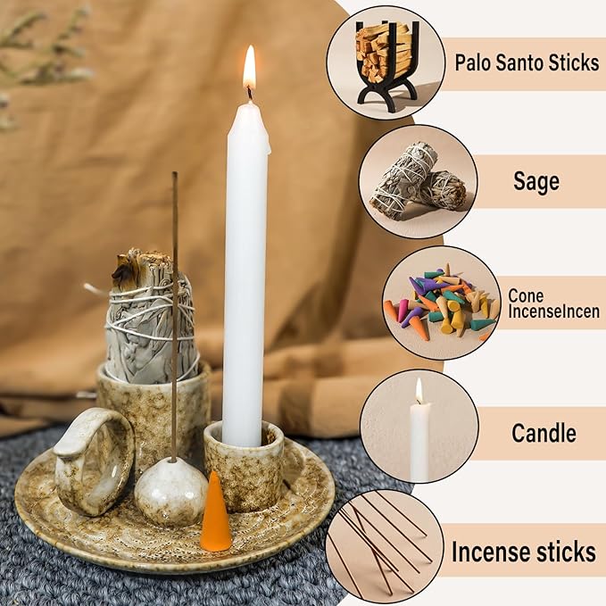 MOUGIGI 5.1Inch 5-in-1 Ceramic Smudge Bowl Brown - Incense Stick Holder, Small Candle Holder, Smudge Bowl/Dish, Fits Palo Santo, Sage.Zen Altar for Meditation/Yoga, Aromatic Scents, Easy to Clean