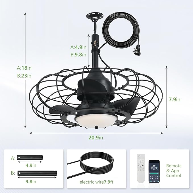 AHAWILL 20" Black Outdoor Ceiling Fan with Light and Remote/APP,3CCT 6 Speed Gazebo Fan Outdoor Hanging Hook,IP65 Waterproof Plug in Ceiling Fan for Patios, Garage, Porch, Pergola,Canopy