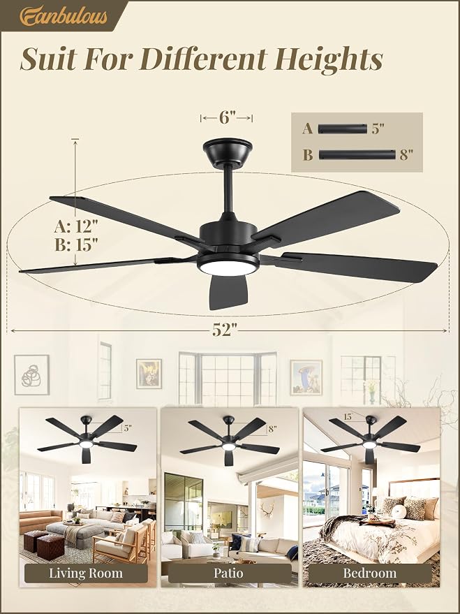 Fanbulous 52 Inch Ceiling Fans with Lights and Remote, Stepless Color Temperature Change & Dimmable 20W LED Ceiling Fan, 6 Speeds Reversible Quiet DC Motor for Bedroom, Living Room, Apartment, Black