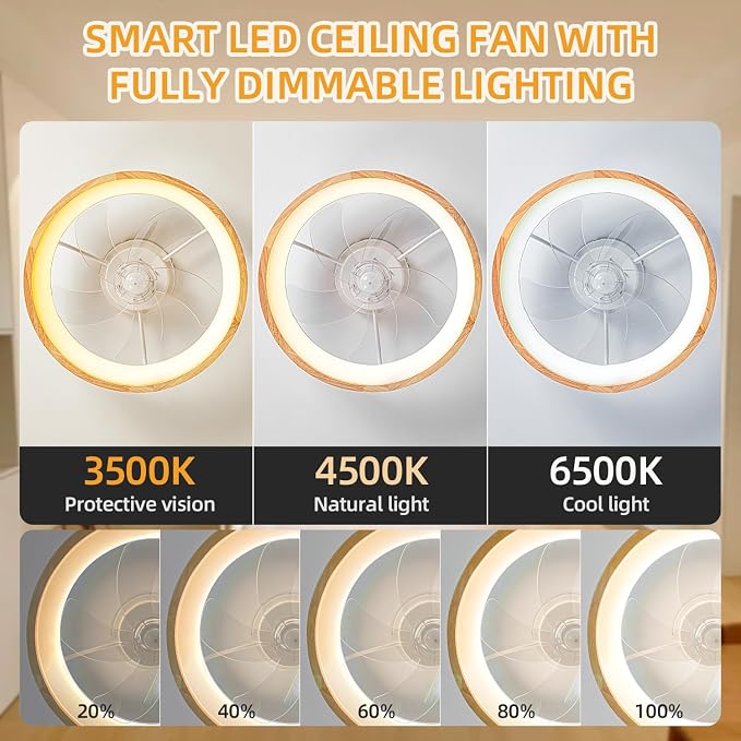 Low Profile Ceiling Fan with Light and Remote Control, 20 Inch Small Flush Mount Wood Fan Light, Modern Smart Dimmable Quiet LED Fan Light for Bedroom Living Room