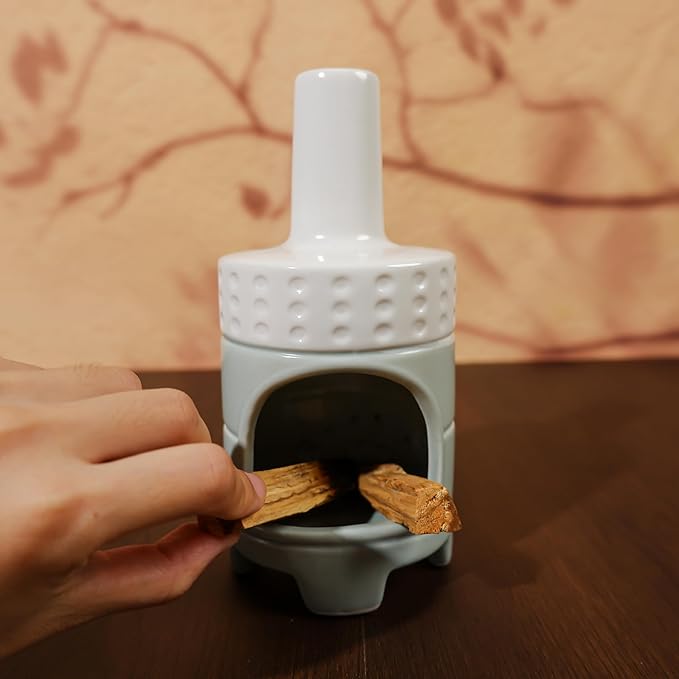 MOUGIGI Handmade Ceramic Palo Santo Holder Burner - Mini Chiminea Incense Dish for Palo Santo Sticks & Sage -Cone Burner Elegant Design for Energy Cleansing, Yoga, Meditation & Aromatherapy Idea