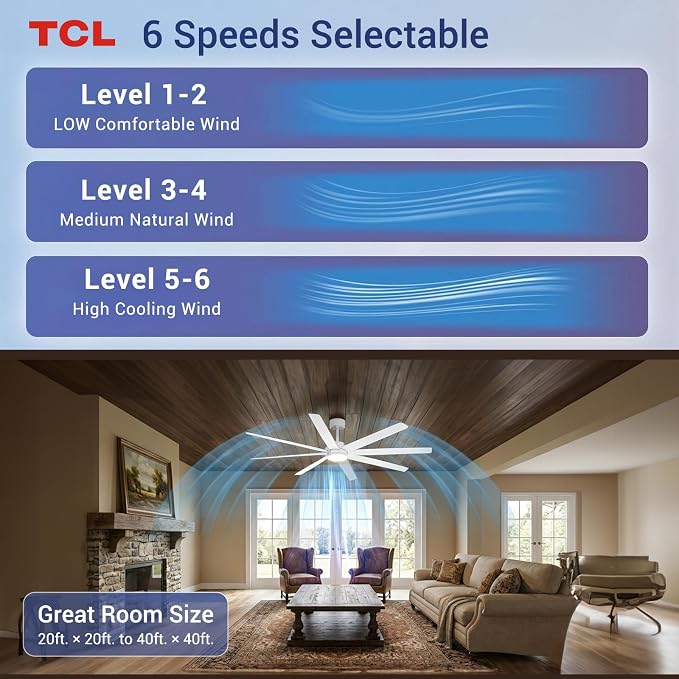 TCL 72 Inch Large Ceiling Fans with Lights and Remote, Quiet Modern Ceiling Fan, 3 CCT Dimmable Remember LED Reversible 8 Dual Side Blades for Living Room Patio Garage (white, 72)