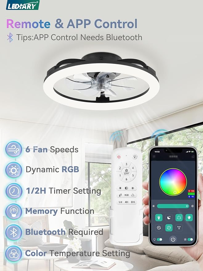 LEDIARY RGB Low Profile Ceiling Fans with Lights and Remote, 20 Inch Dimmable Modern Fan Light(3000K-6000K), 6 Speed, Reversible, APP & Remote Control, Flush Mount Ceiling Fan for Bedroom, Black