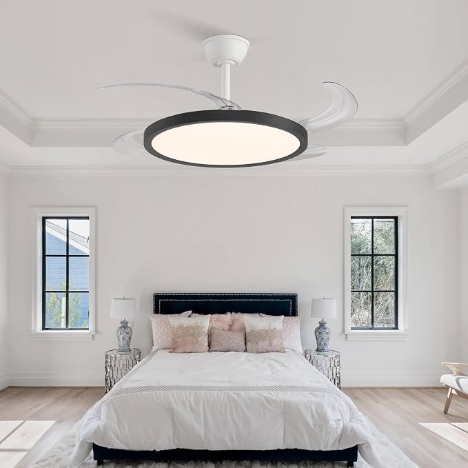 Slim Retractable Ceiling Fan with Lights and Remote, 42 Inch Black and White Modern Ceiling Fan,Dimmable LED,Memory Functionr,Timer Setting& Reversible Motor for Bedroom Living Room