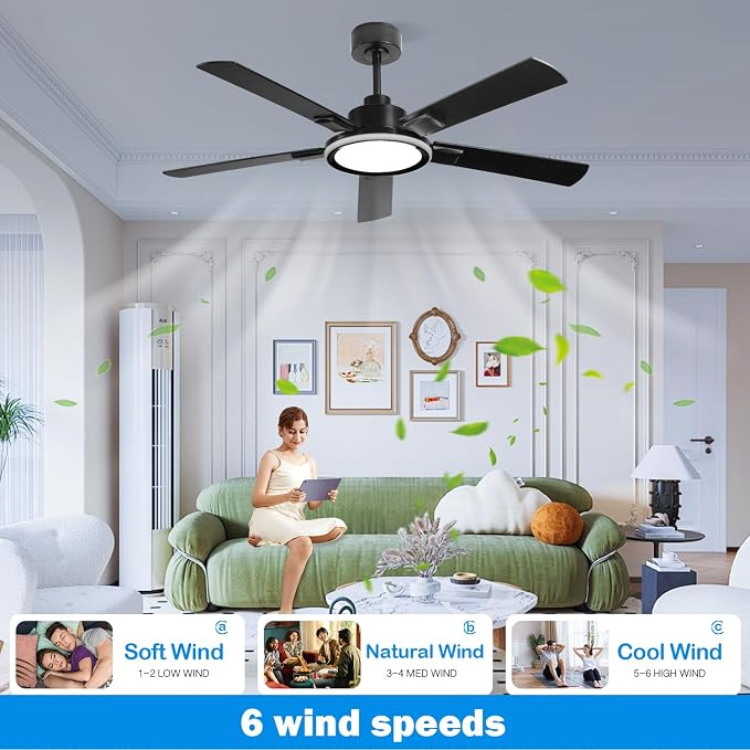 52" Ceiling Fans with Lights,Bluetooth Ceiling Fan with Speaker,6-Speed Reversible Motor,Full-Spectrum Adjustable Lighting,Edge Ambient Lights,Low Profile Ceiling Fan with Light and Remote/App Control