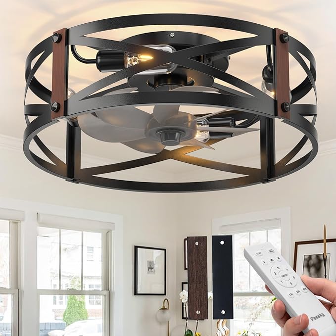 Passky 20" Farmhouse Flush Mount Ceiling Fans with Lights and Remote, Industrial Black Caged Low Profile Fandelier, 6 Speeds Bladeless Ceiling Fan for Bedroom, Kitchen, Living Room