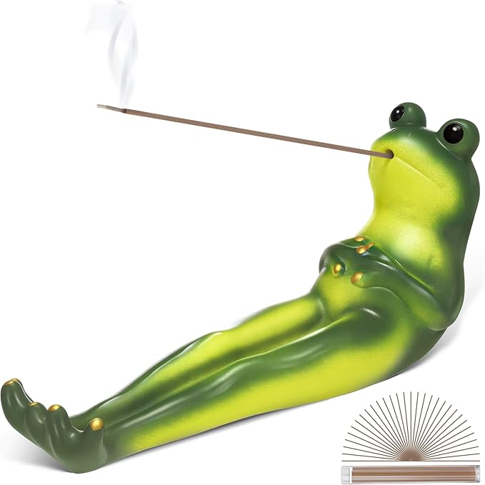 Frog Incense Stick Holder, Green Frog Incense Burner with 30 Sandalwood Sticks, Ash Catcher Stand Gift for Aromatherapy, Yoga, Relaxing Meditation, Home Living Room Office Decor
